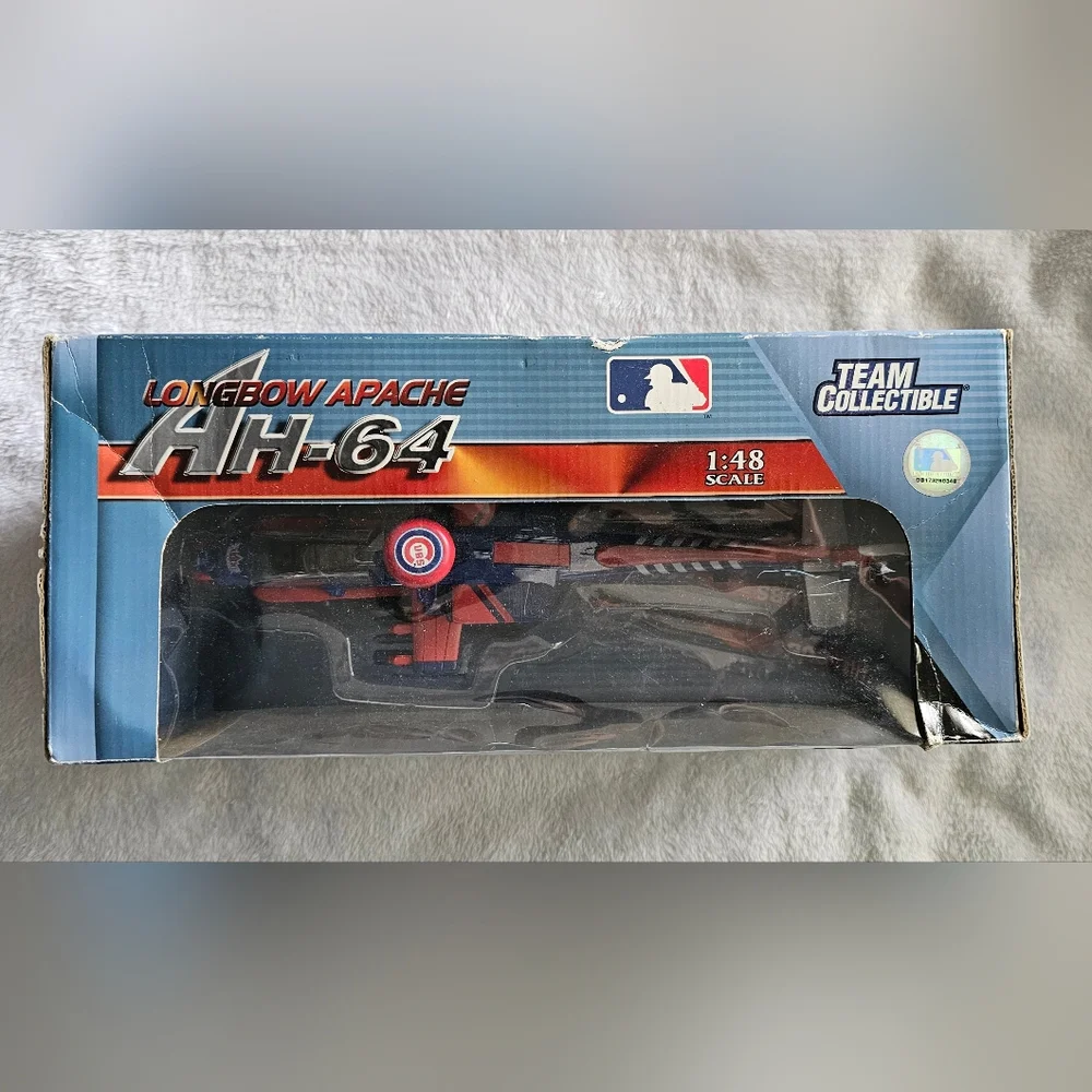 Longbow Apache AH-64 die-cast helicopter collectible with a Chicago Cubs